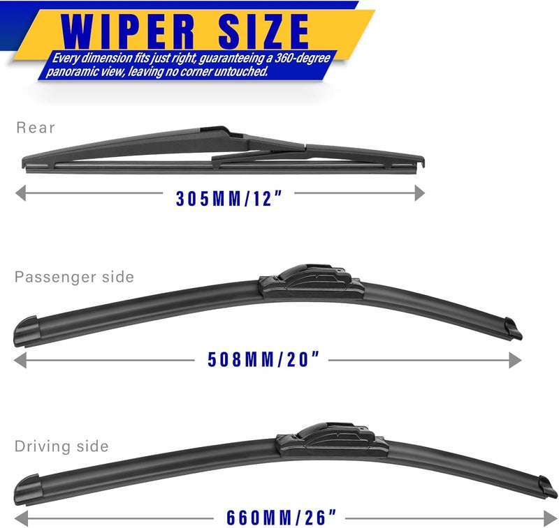 Rooppa 3 wipers Replacement for 2021-2024 Toyota Sienna, Windshield Wiper Blades Original Equipment Replacement - 26"/20"/12" (Set of 3) U/J HOOK - Image 2